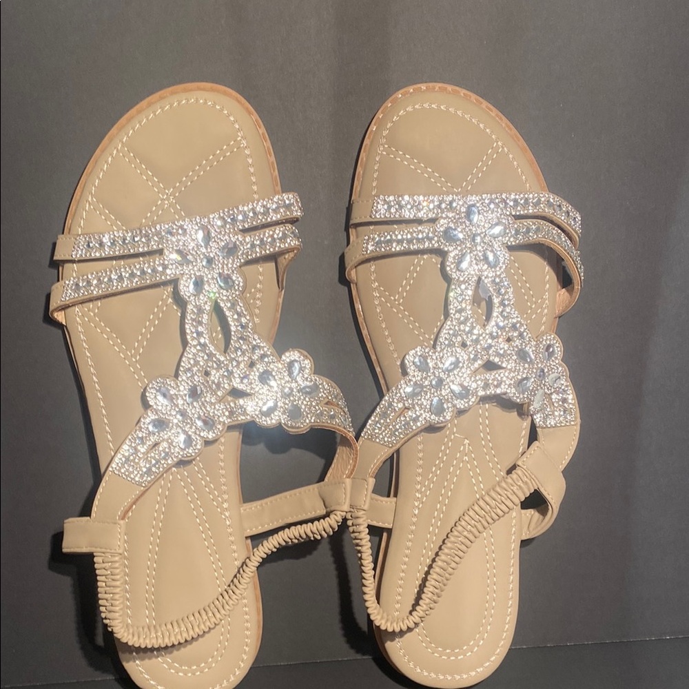 Tan T-Strap Sandals with Crystal Detailing